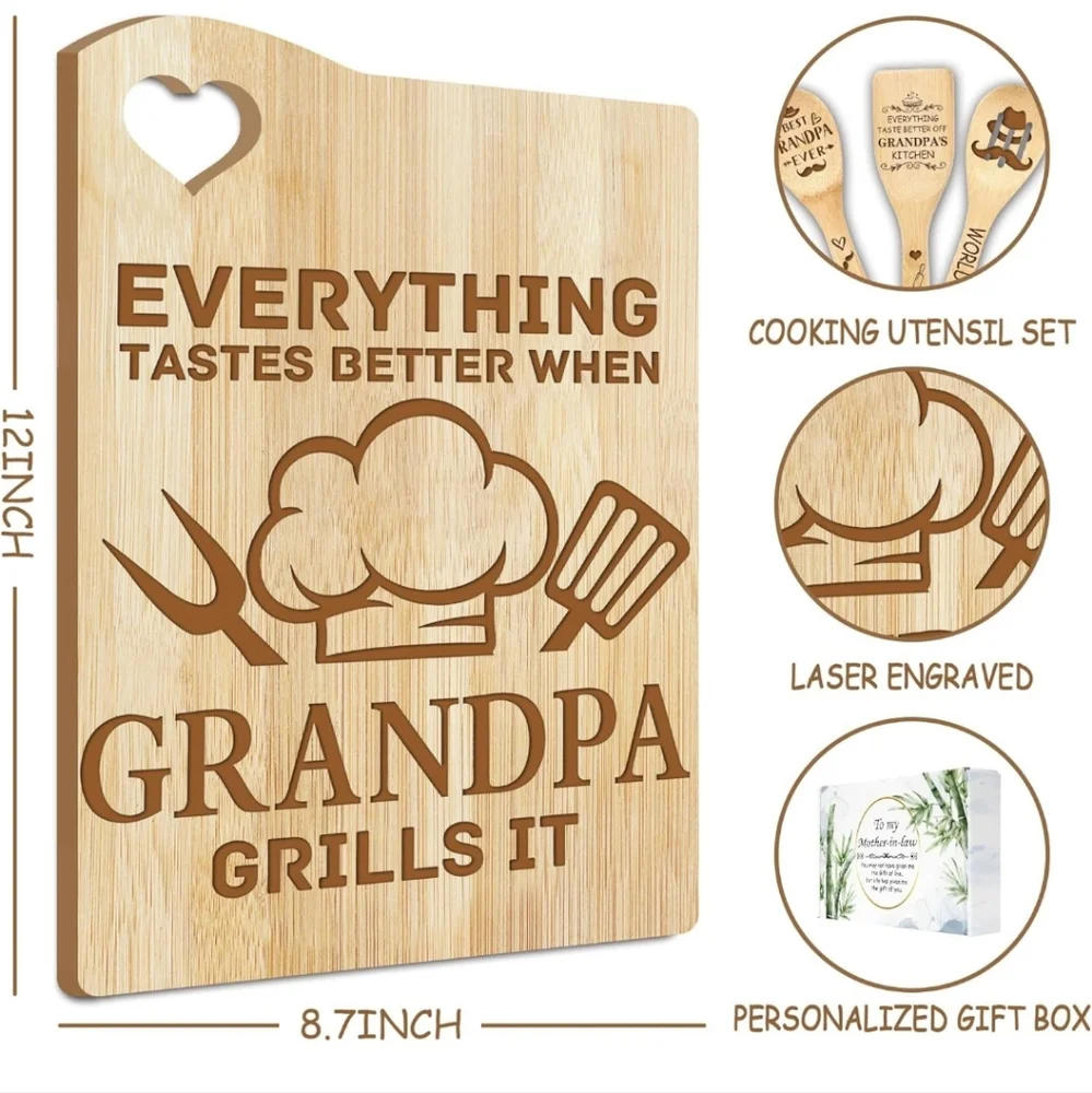 NIB Grandpa Cutting Board W/Spatulas Spoons Gifts for Grandpa on Fathers Day - Picture 5 of 8